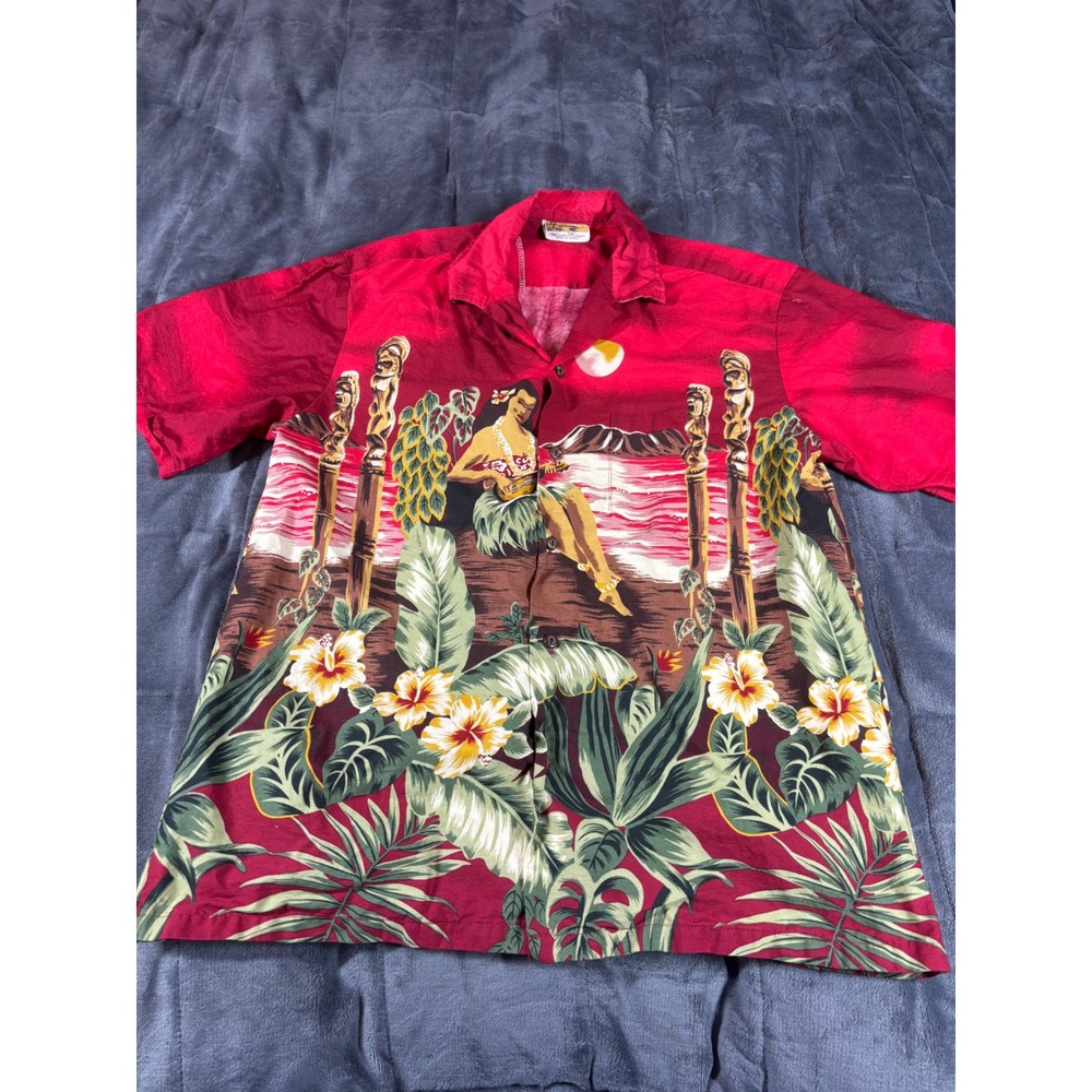 Winnie Fashion Mens Red Hula Girl Tiki Hawaiian Shirt Cotton Made in Hawaii L